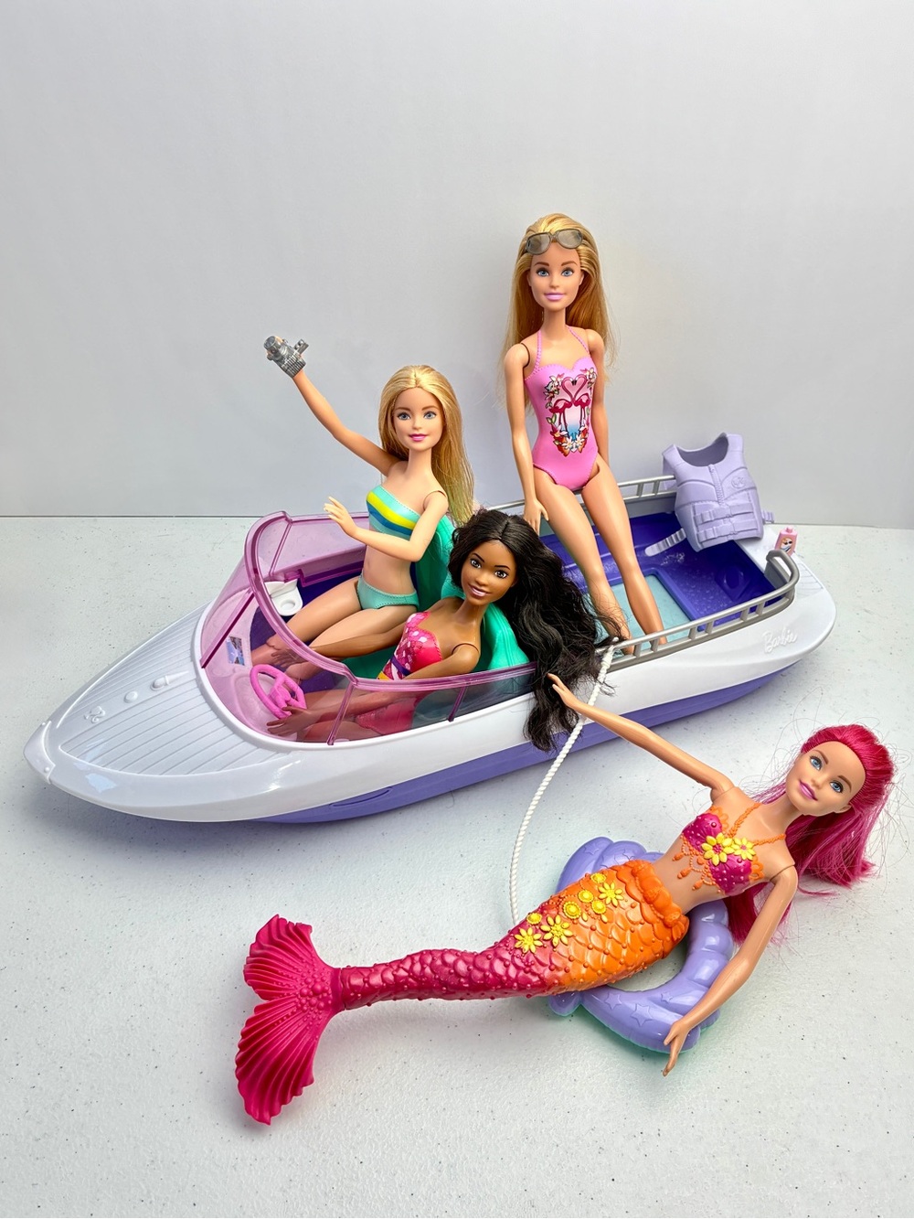 Barbie Mermaid Power Boat Lot With Dolls